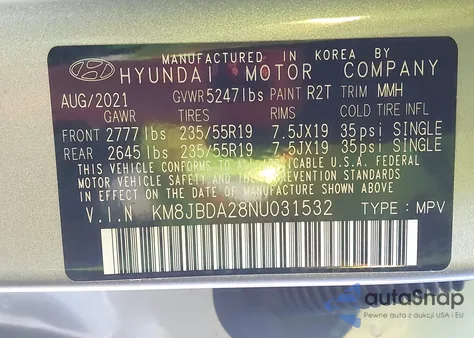 2022 Hyundai Tucson Sel z USA, uszkodzony, nr VIN KM8JBDA28NU031532